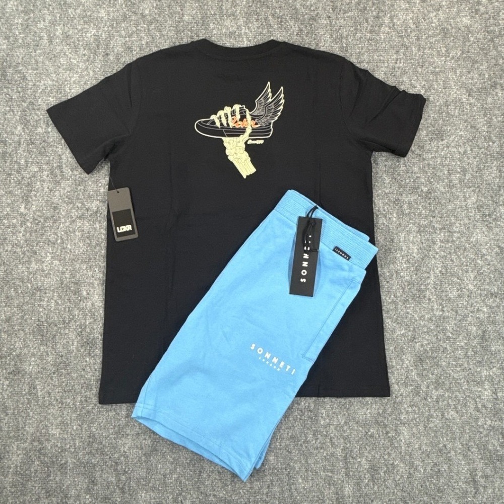 Sonneti LCKR Boys Large 12-13Yrs Shirt Shorts Set Black Blue Graphic Outfit NWT